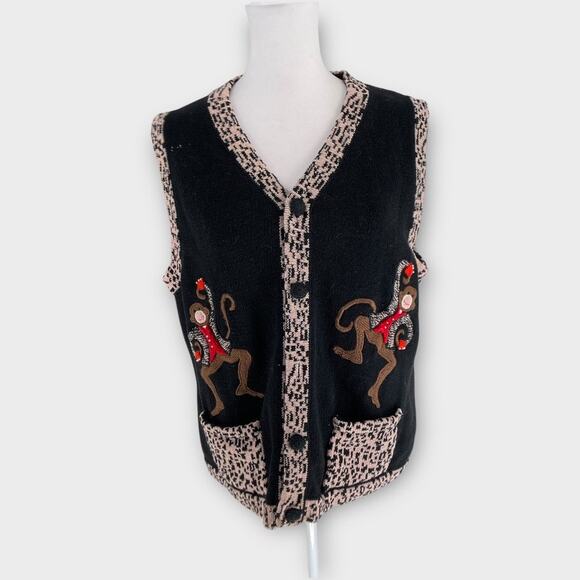 BellePointe Vintage Capuchin Circus Sock Money Monkey Sweater Cardigan Vest L - Picture 1 of 12